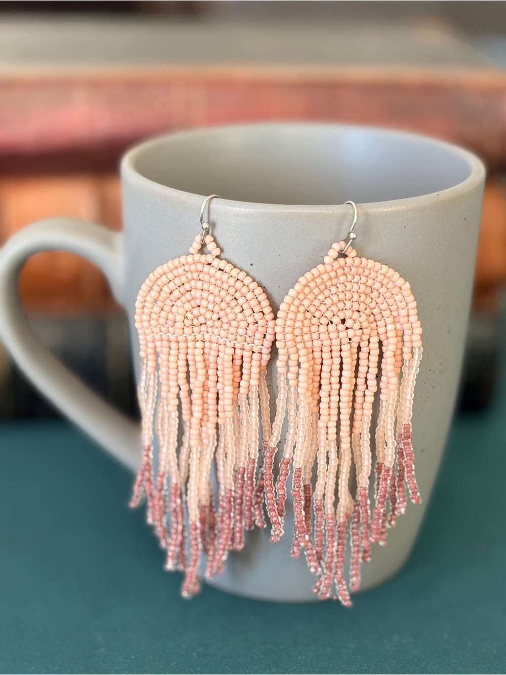 Handmade Peach Beaded Fringe Drop Earrings - Women Jewelry